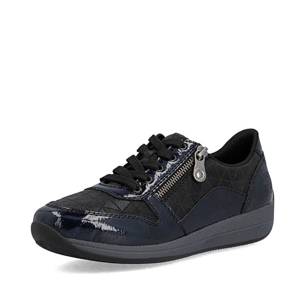 Rieker N1100-14 women's wide navy/black zip & lace shoes, front three-quarter view.