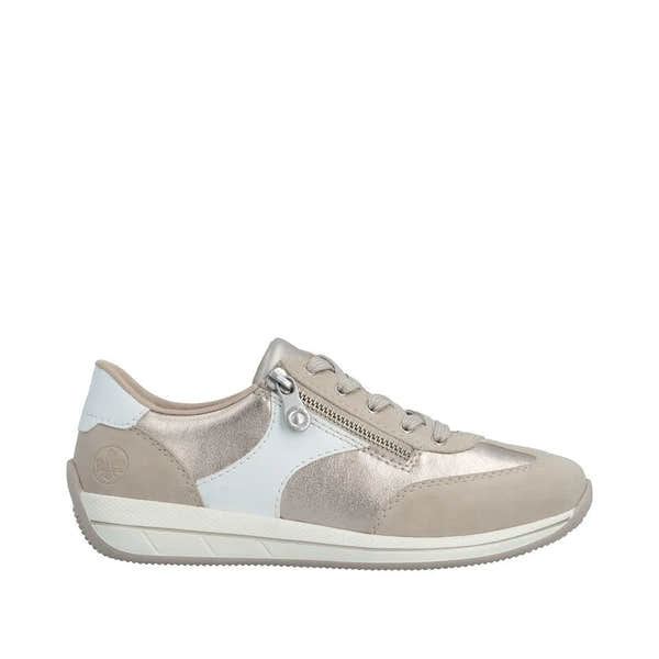 Rieker women's wide white and champagne sneaker with lace-up, side zipper, and mixed materials including leather and metallic accents.