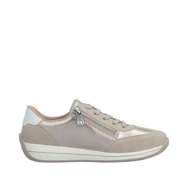 Rieker N1103-90 ladies wide-fit white/champagne sneakers with zipper, laces, and mixed material design.