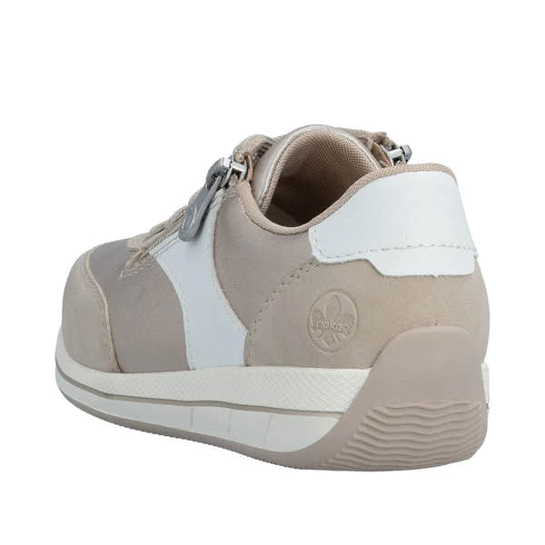 Rieker N1103-90 women's wide white/champagne sneakers with zip, lace details, cushioned sole, made of mixed materials.