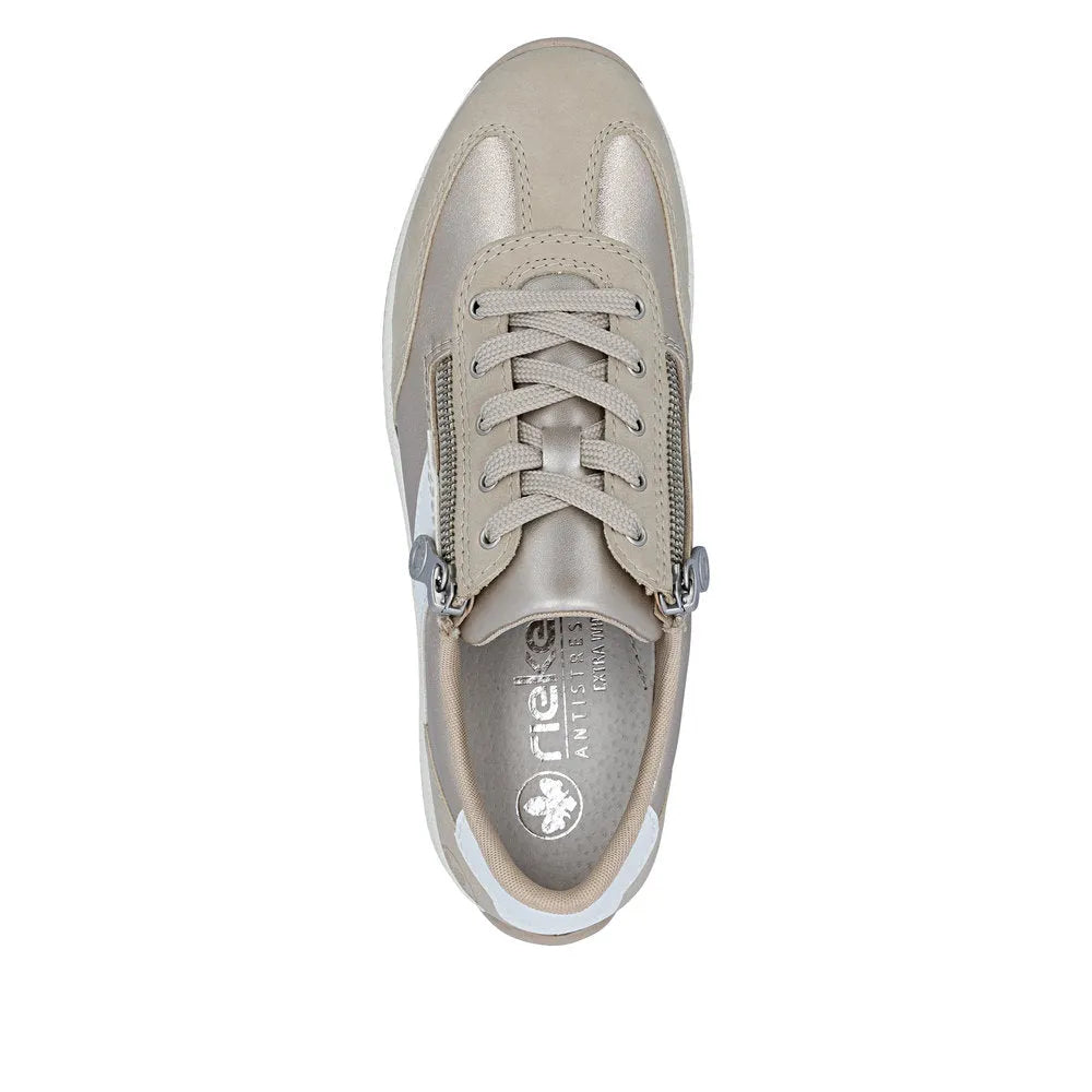 Rieker N1103-90 women's wide white and champagne lace-up shoes with side zippers, mixed materials, and padded collar.