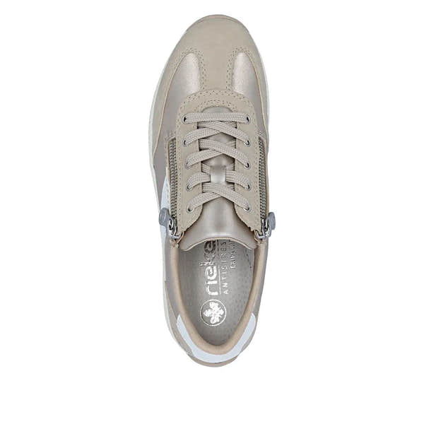 Rieker N1103-90 women's wide white and champagne lace-up shoes with side zippers, mixed materials, and padded collar.