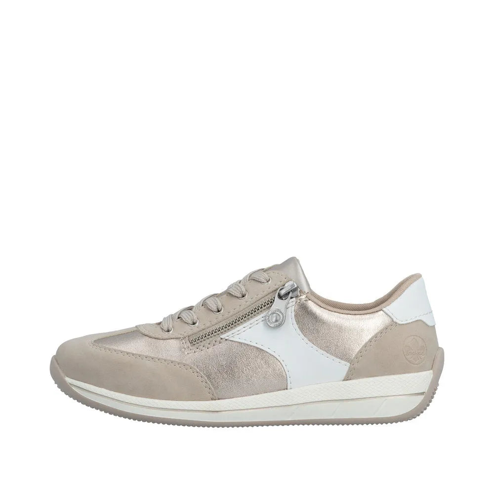 Rieker N1103-90 women's wide shoes in white/champagne with lace, zip detail, and mixed materials including leather and fabric.