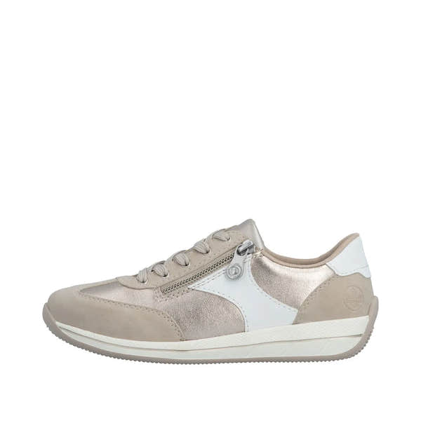Rieker N1103-90 women's wide shoes in white/champagne with lace, zip detail, and mixed materials including leather and fabric.