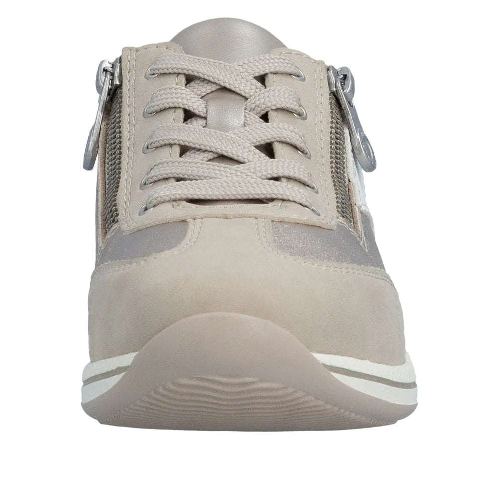 Rieker N1103-90 ladies wide fit white and champagne sneakers with lace-up closure, zipper sides, and a chunky sole.