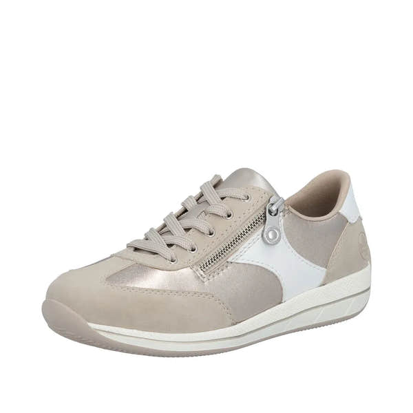 Rieker N1103-90 women's wide fit zip and lace-up sneakers in white, champagne, and beige with mixed materials and a side zipper.