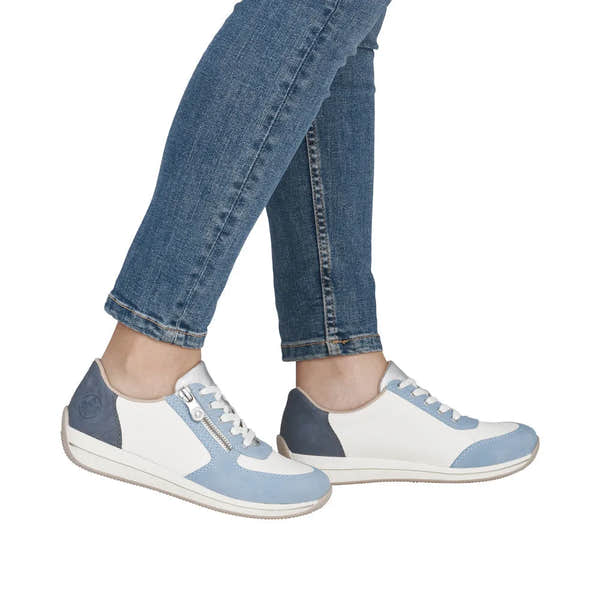 Rieker N1112-10 women's wide aqua blue sneakers with zip and lace, leather and suede materials.