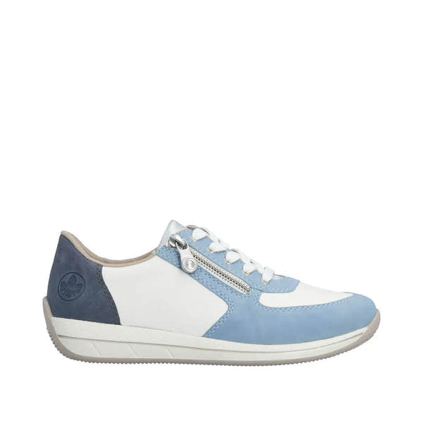 Rieker N1112-10 women's wide aqua blue shoes with lace, side zipper, and contrast color accents, made of leather and synthetic materials.