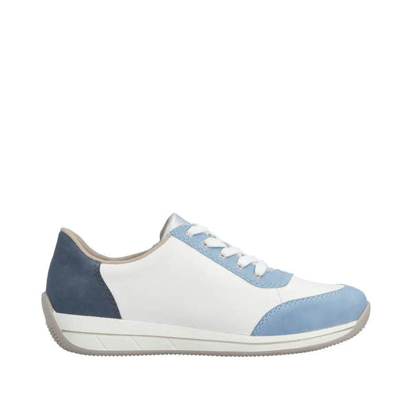 Ladies aqua blue wide fit lace-up and zip sneaker with white and beige accents, made of smooth and suede materials.