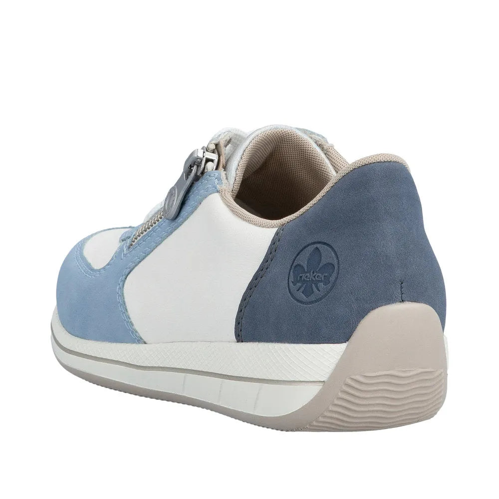 Rieker N1112-10 ladies wide aqua blue zip and lace casual shoes with suede and textile materials, cushioned collar, and textured sole.