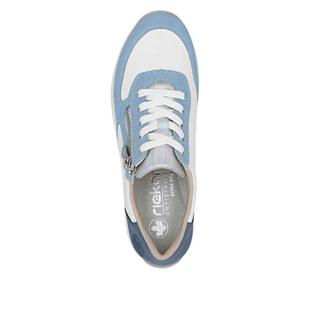 Ladies aqua blue wide-fit sneakers with lace-up front, zip side detail, white accents, and beige trim.
