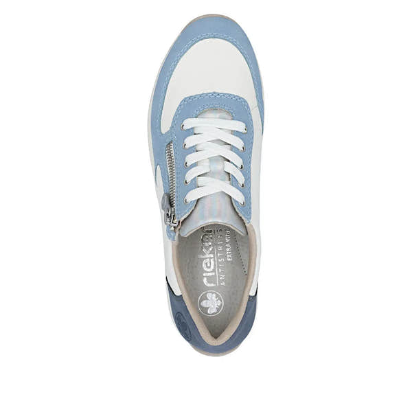 Ladies aqua blue wide-fit sneakers with lace-up front, zip side detail, white accents, and beige trim.
