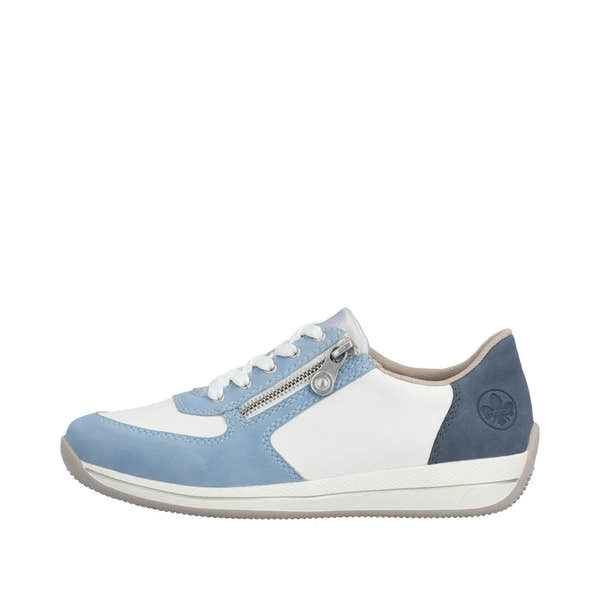 Light blue and white casual women's sneaker with zip and lace-up front, beige interior, and side logo detail.