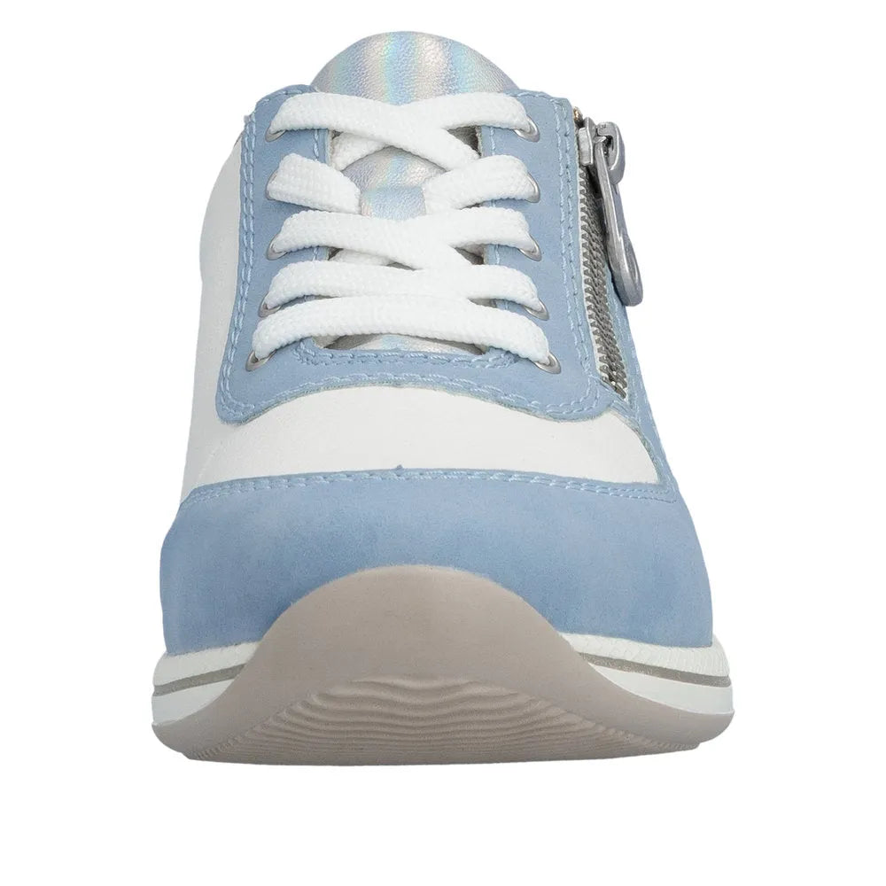 Blue and white wide-fit sneaker with laces, side zipper, cushioned sole, and metallic accents.
