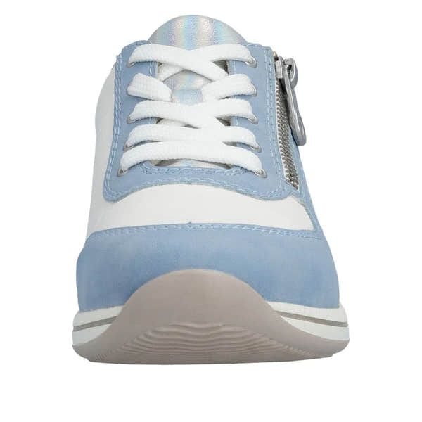 Blue and white wide-fit sneaker with laces, side zipper, cushioned sole, and metallic accents.