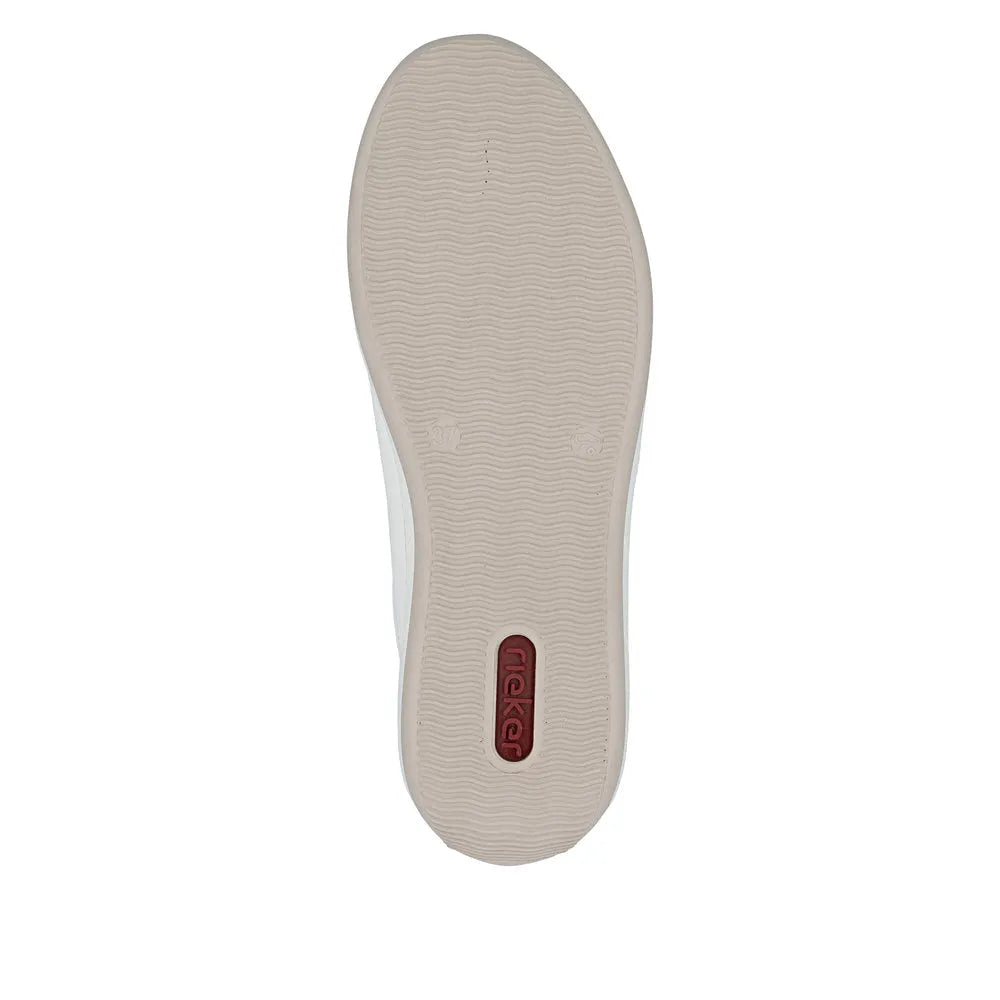 Light aqua blue wide-fit zip and lace casual women's shoes with textured rubber sole and Rieker logo.