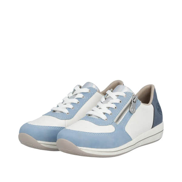 Ladies aqua blue slip-on shoes with white laces, zipper detail, cushioned sole, and wide fit.