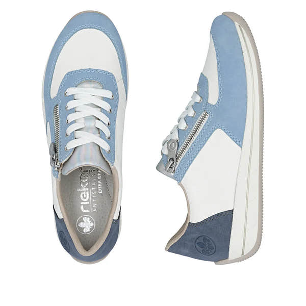 Rieker N1112-10 ladies wide aqua blue lace-up shoes with zipper detail, suede and leather materials, white accents and cushioned interior.