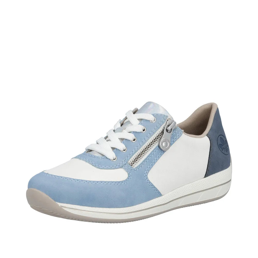 Light blue and white women's sneaker with lace-up, side zipper, and cushioned beige interior.