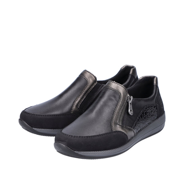 Rieker N1151-00 Ladies Black Leather & Textile Side Zip Shoes-elevate your sole