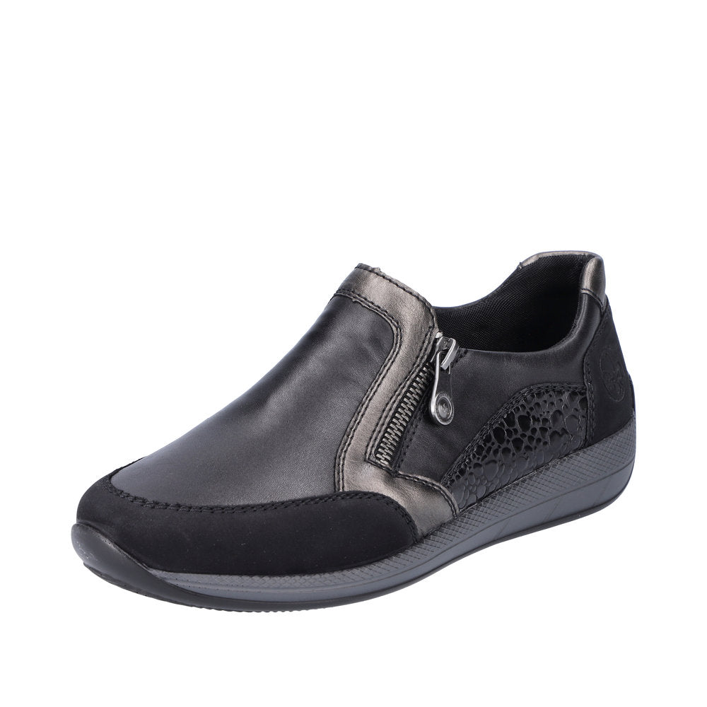 Rieker N1151-00 Ladies Black Leather & Textile Side Zip Shoes-elevate your sole