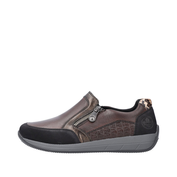 Rieker N1151-90 Ladies Brown Leather & Textile Side Zip Shoes-elevate your sole