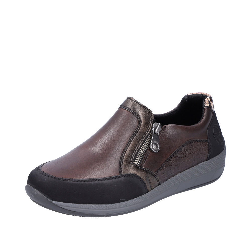 Rieker N1151-90 Ladies Brown Leather & Textile Side Zip Shoes-elevate your sole