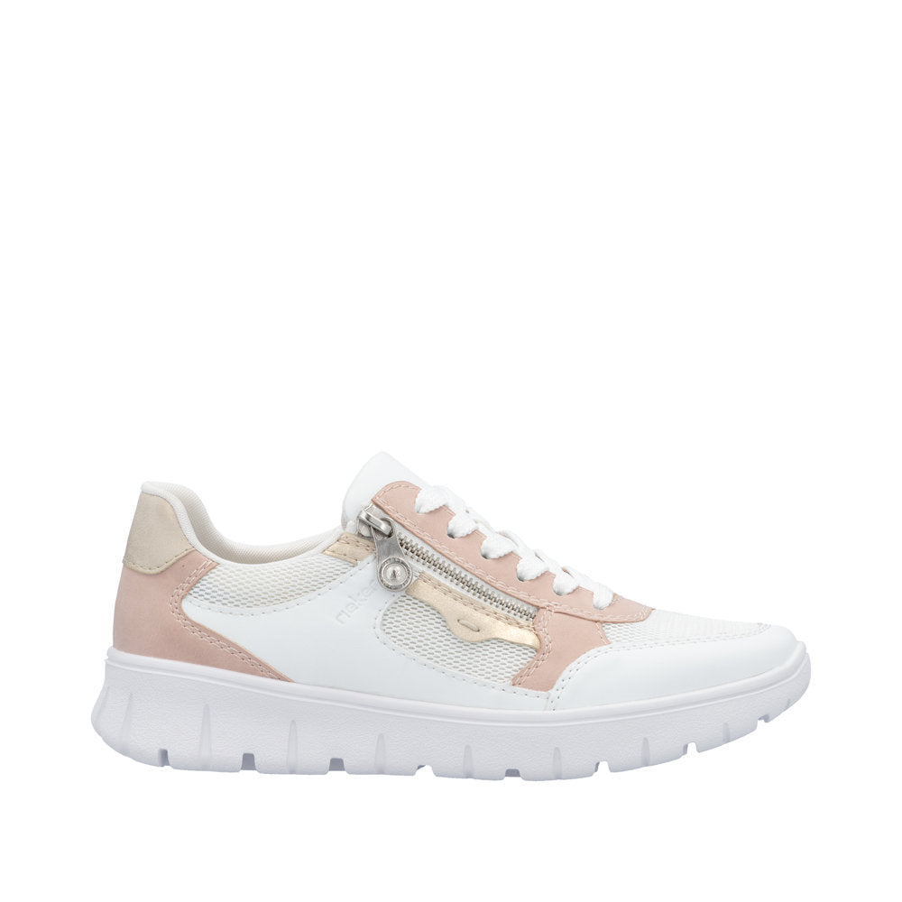 Rieker N1300-90 women's wide fit trainers with multi-zip and lace-up closure, white, beige, and blush pink accents, lightweight sole.