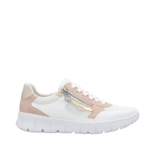 Rieker N1300-90 women's wide fit trainers with multi-zip and lace-up closure, white, beige, and blush pink accents, lightweight sole.