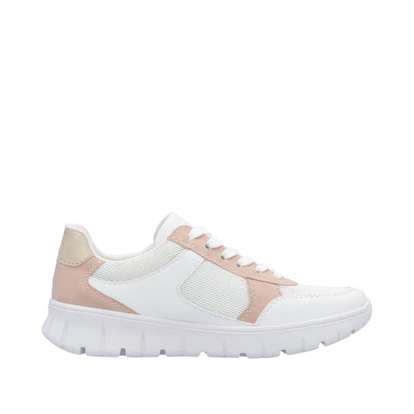 Rieker N1300-90 women's wide fit trainers with multi-zip and lace fastening, white and blush pink breathable mesh and synthetic materials.
