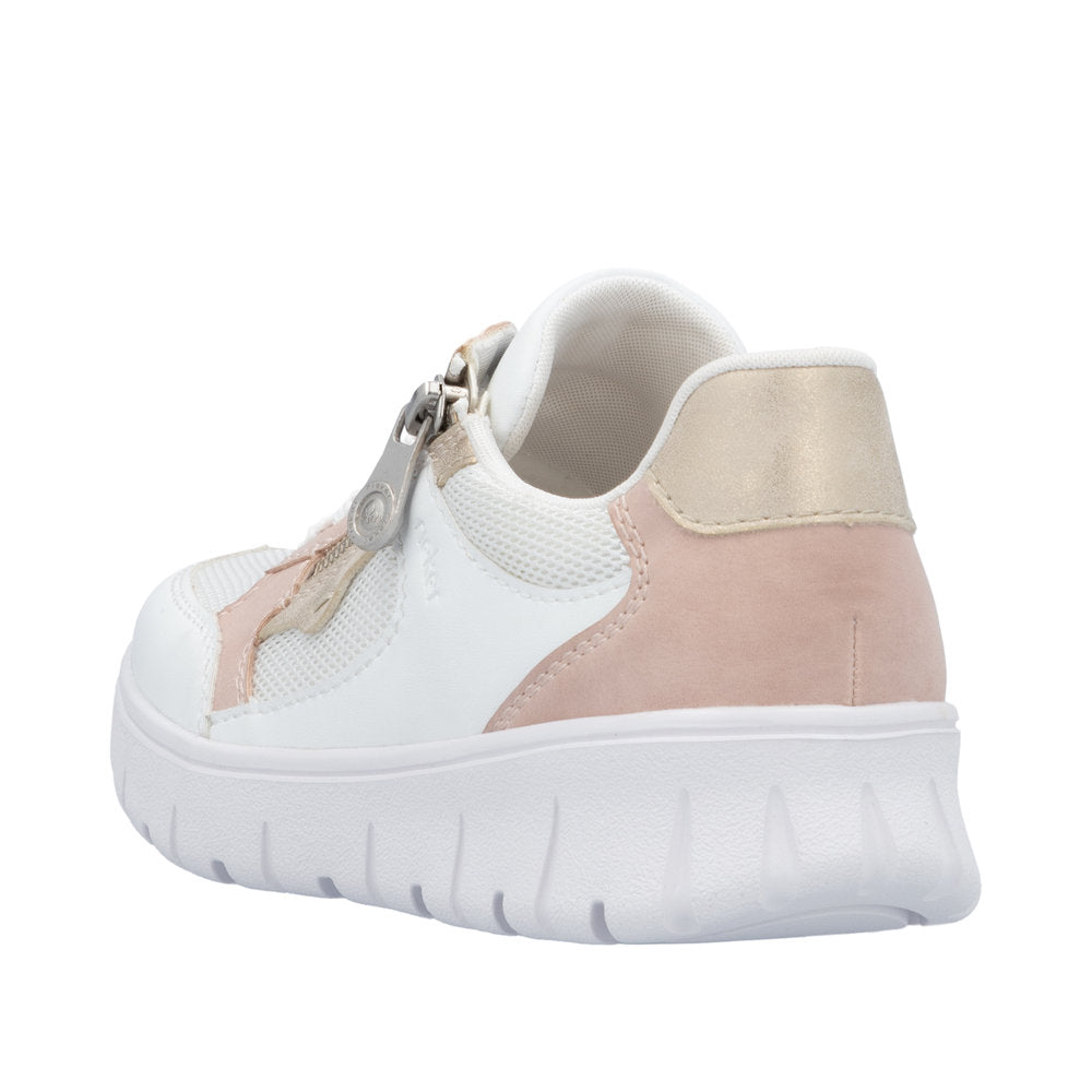 Rieker N1300-90 women's wide-fit trainers with multi-zip and lace-up closure, featuring white, beige, and blush pink accents.