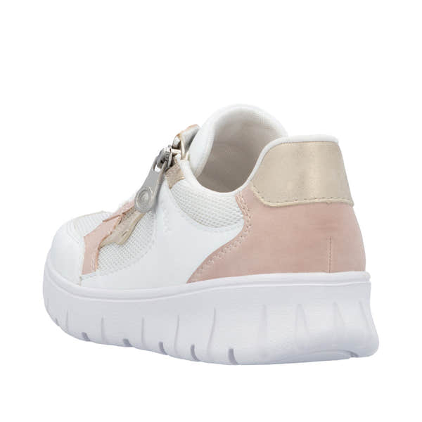 Rieker N1300-90 women's wide-fit trainers with multi-zip and lace-up closure, featuring white, beige, and blush pink accents.