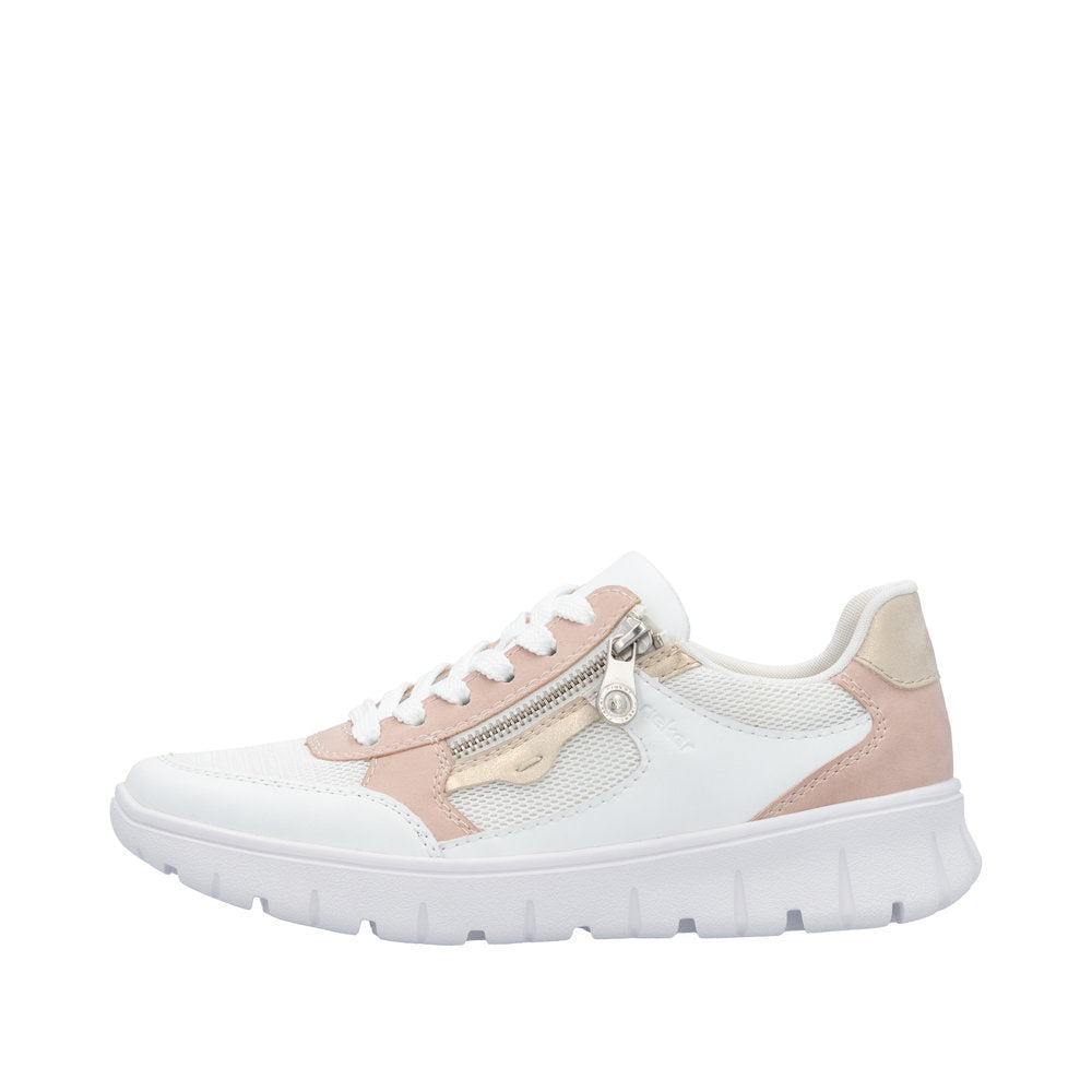 Rieker N1300-90 ladies wide fit trainers with multi zip and lace design, cream and blush color, cushioned sole, breathable mesh, stylish sporty look.