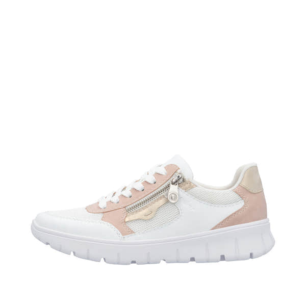 Rieker N1300-90 ladies wide fit trainers with multi zip and lace design, cream and blush color, cushioned sole, breathable mesh, stylish sporty look.