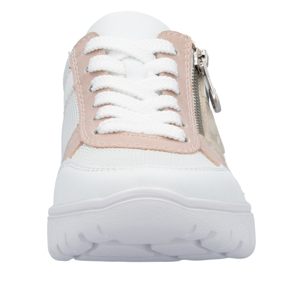 Rieker N1300-90 women's wide-fit trainers with multi-zip and lace-up design, white and beige color, lightweight sporty sneakers.