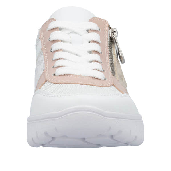 Rieker N1300-90 women's wide-fit trainers with multi-zip and lace-up design, white and beige color, lightweight sporty sneakers.