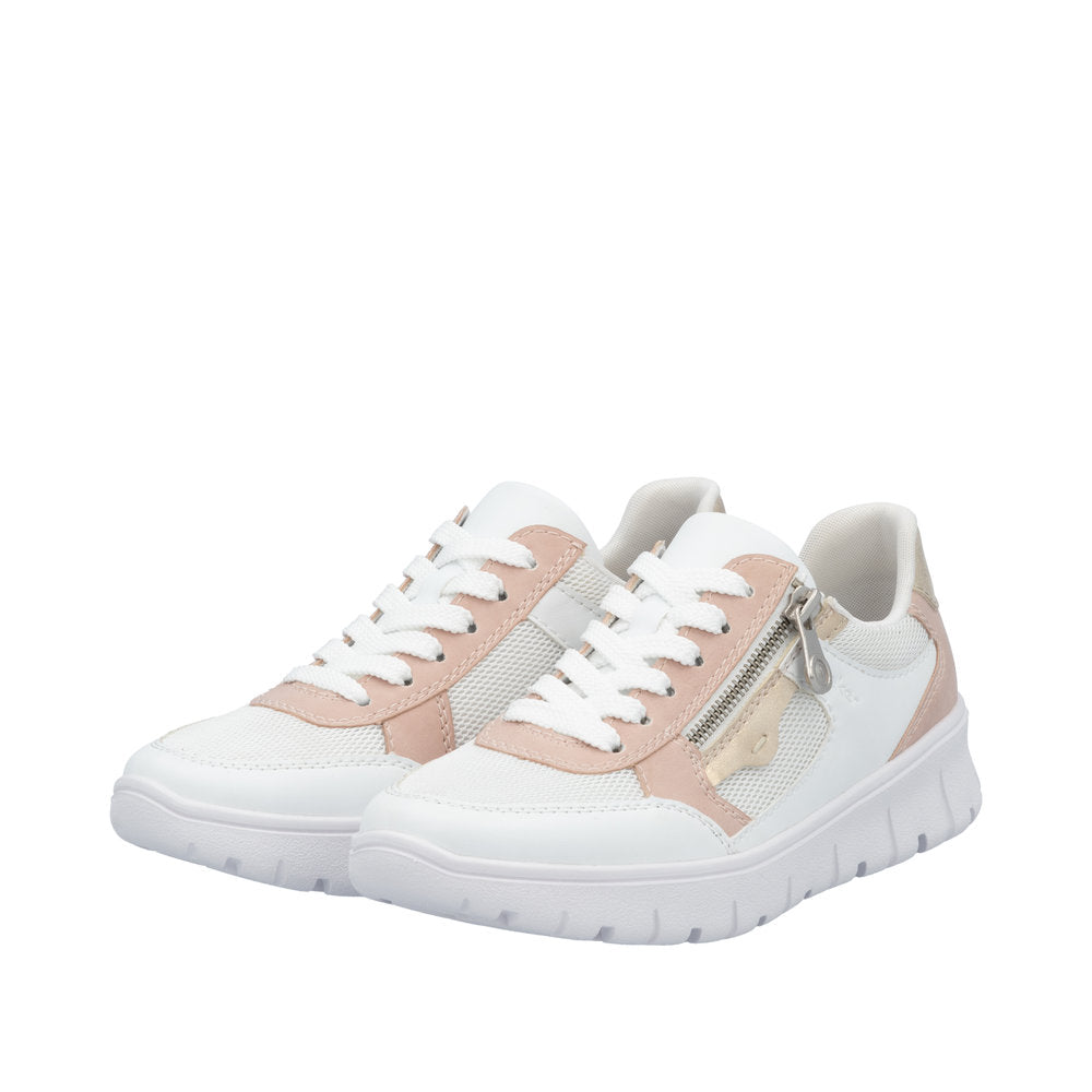 Rieker N1300-90 women's wide-fit trainers with multi-zip and lace-up closure, white and blush pink accents, and cushioned sole.