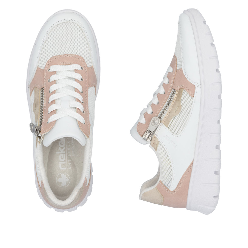 Rieker N1300-90 women's wide-fit trainers with multi zips, lace-up design, beige and white mesh and leather accents, cushioned sole.