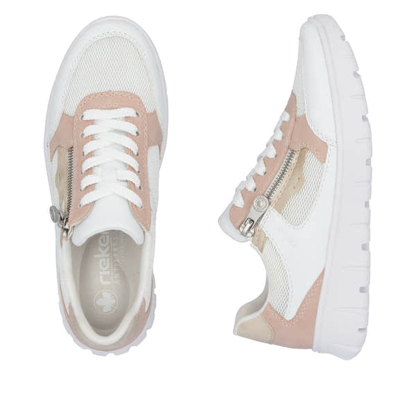 Rieker N1300-90 women's wide-fit trainers with multi zips, lace-up design, beige and white mesh and leather accents, cushioned sole.