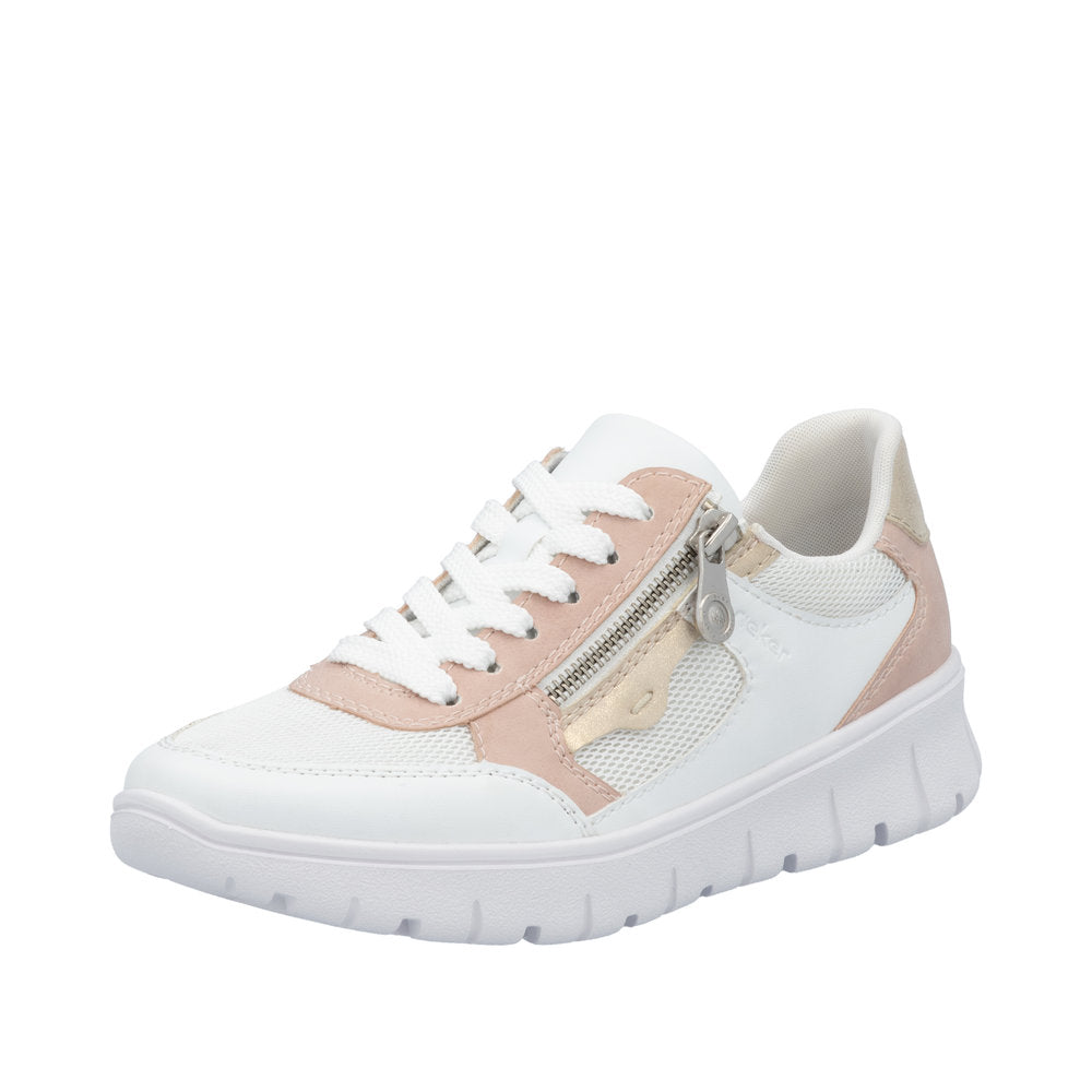 Rieker N1300-90 ladies wide-fit trainers with multi-zips, lace-up design, breathable mesh and beige accents, lightweight and comfortable.