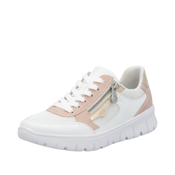 Rieker N1300-90 ladies wide-fit trainers with multi-zips, lace-up design, breathable mesh and beige accents, lightweight and comfortable.