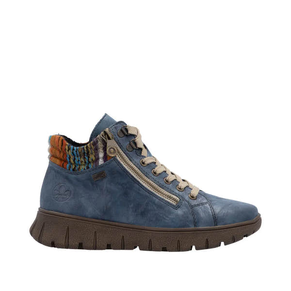 Rieker N1305-14 women's blue leather ankle boots with zip and lace-up closure, featuring colorful striped collar and rugged sole.