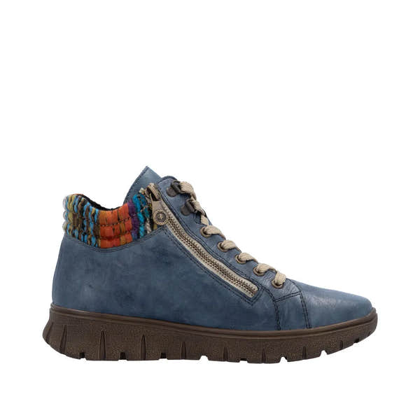 Rieker N1305-14 women's blue leather ankle boots with lace-up and side zipper, colorful woven trim, and rugged sole.