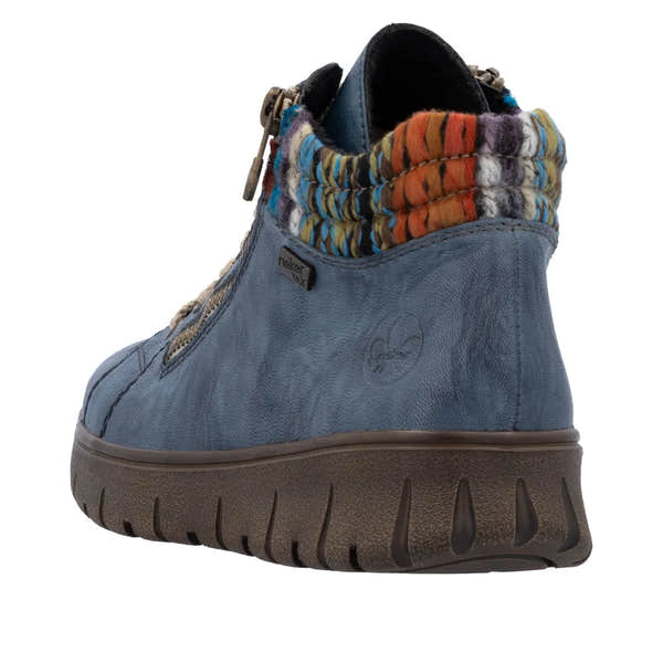 Rieker N1305-14 women's blue leather ankle boots with zip and lace, featuring colorful knit collar and rugged sole.