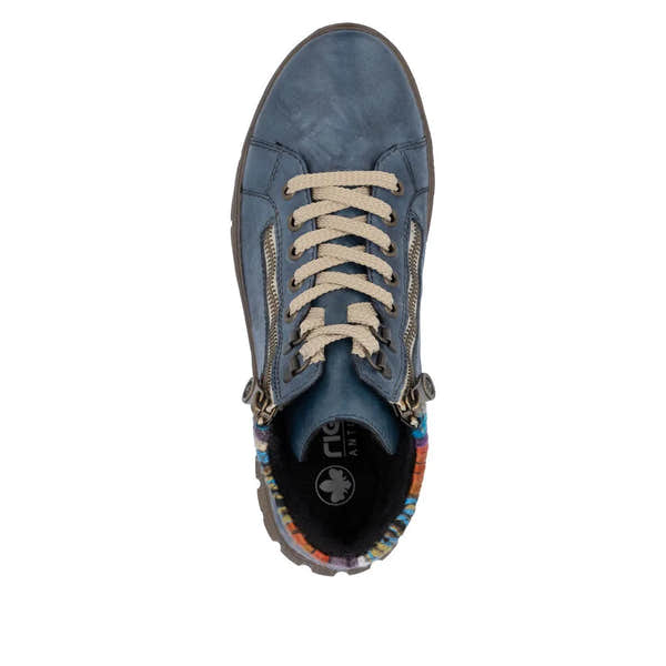 Rieker N1305-14 women's blue leather ankle boots with lace-up and zip, featuring colorful trim and rugged sole.