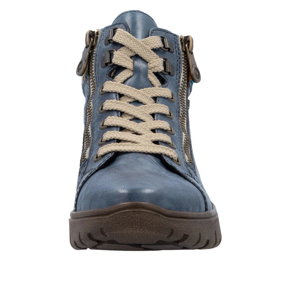 Rieker N1305-14 Ladies blue leather ankle boots with zip, lace-up front, and side zippers for easy wear.
