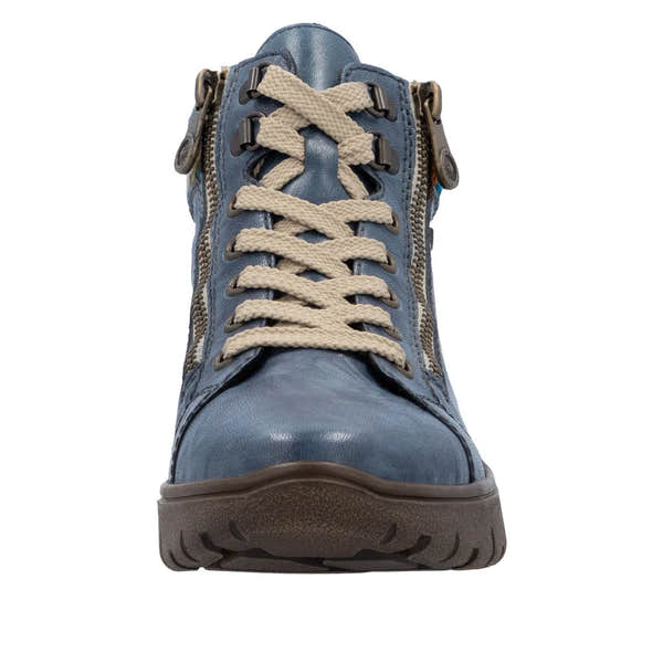 Rieker N1305-14 Ladies blue leather ankle boots with zip, lace-up front, and side zippers for easy wear.