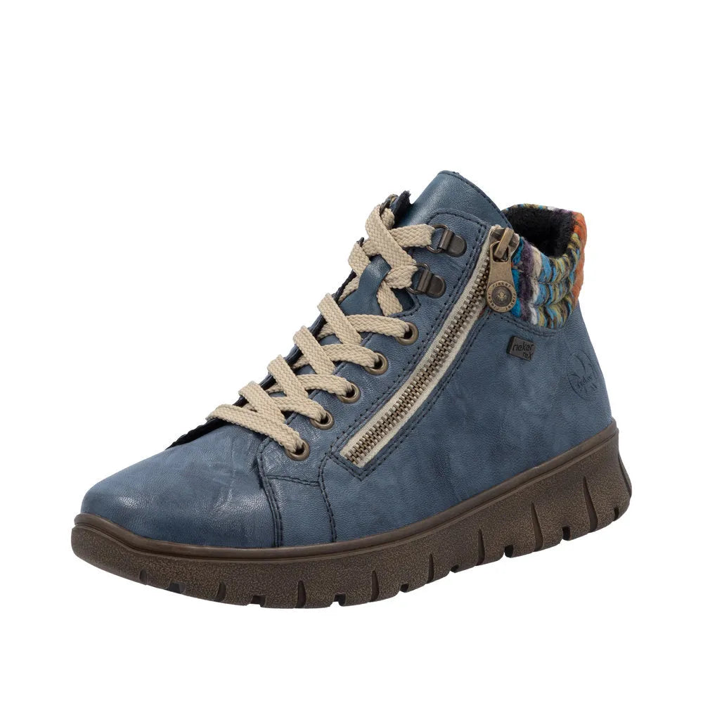 Rieker N1305-14 women's blue leather ankle boots with lace-up and side zipper, cushioned sole, and colorful knit lining.