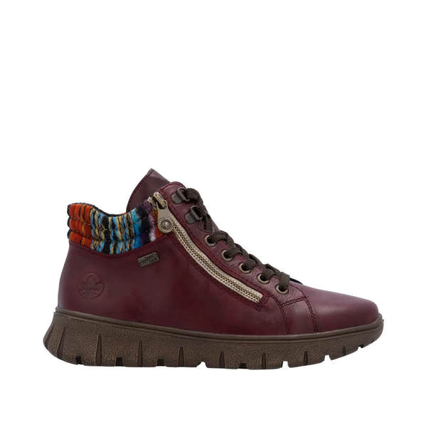 Rieker N1305-35 women's red leather ankle boots with zipper, lace-up design, and colorful knit collar, stylish and comfortable footwear.