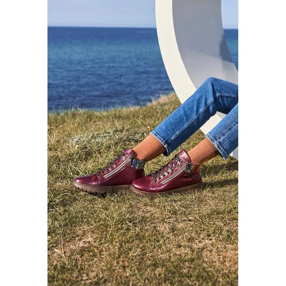 Rieker N1305-35 women's red leather ankle boots with zip & lace, casual outdoor footwear, stylish and comfortable.